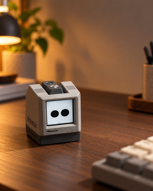 Pocket Desk AI Companion DIY kit on a warm home office desk
